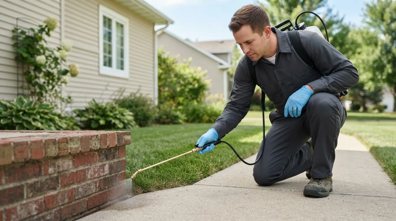 Pest control technician treating a home near Qulin, MO