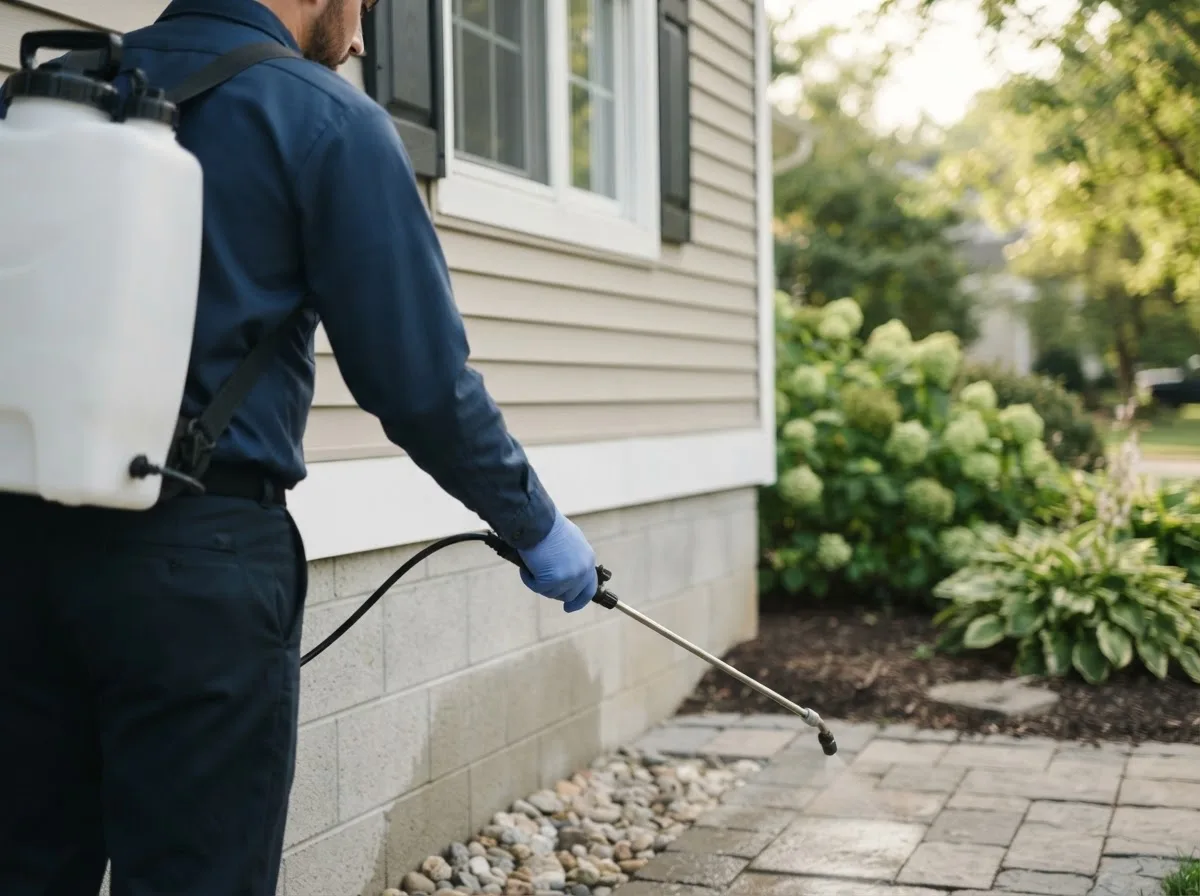 Pest control technician inspecting a home in Qulin, MO